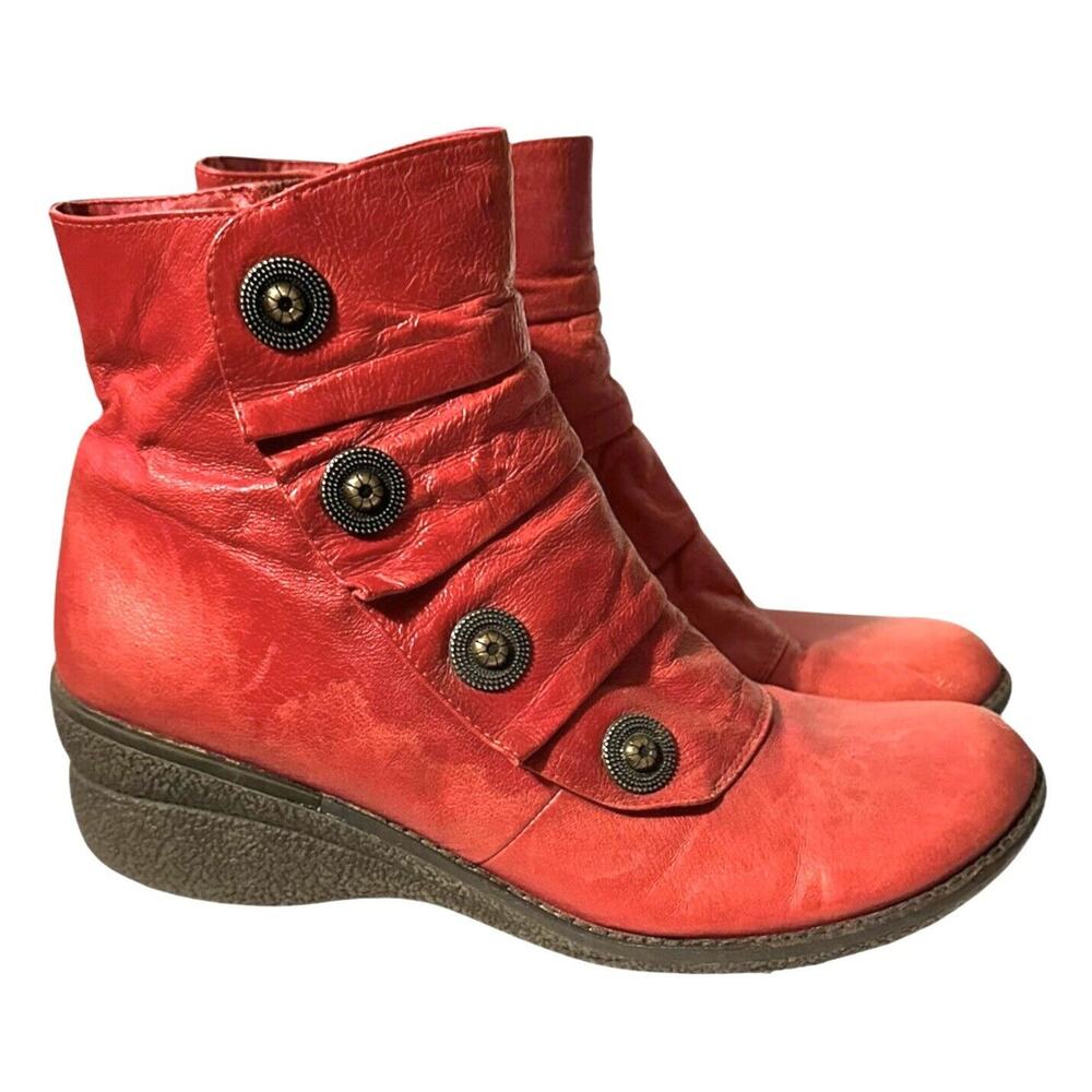Miz Mooz Boots Women's Sz 11 EU41 Red Merlot Ankle Leather RED BRASS Buttons!